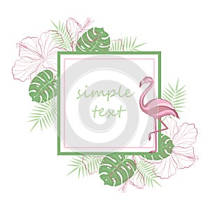 Text placeholder. Exotic tropical jungle rain forest bright green palm tree, pink flamingo birds, hibiscus and plumeria flowers fr