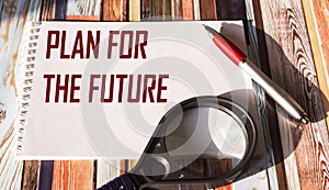 text PLAN FOR THE FUTURE written on a notebook, near a magnifying glass and a pen on a striped background.