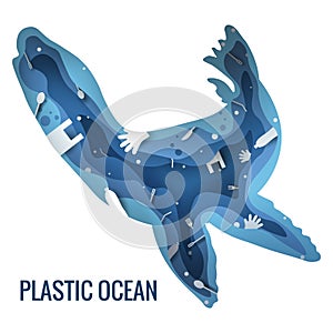 Text - plastic ocean. Plastic trash planet pollution concept vector illustration. Fur seal, sea lion, sea leopard marine mammal