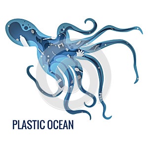 Text - plastic ocean. Plastic trash planet pollution concept vector illustration. Octopus, cuttlefish marine outline filled with