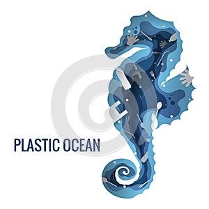 Text - plastic ocean. Plastic trash planet pollution concept vector illustration. Seahorse marine mammal outline filled with