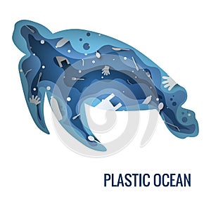 Text - plastic ocean. Plastic trash planet pollution concept vector illustration. Turtle marine mammal outline filled with plastic