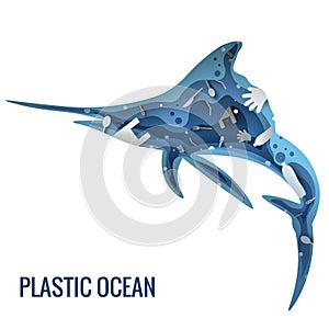 Text - plastic ocean. Swordfish for laser cutting, plotter and scrapbooking. Plastic trash planet pollution concept vector