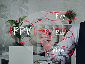 Text PPV Pay Per View on Concept photo. Male hand with marker write on an background