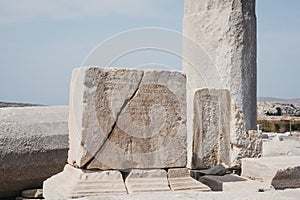 Text on the ruins on Sacred Way in island of Delos, Greece