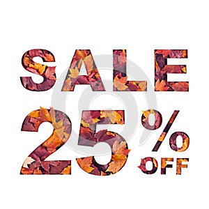 text sale 25 percent off filled with texture of red fall maple leaves