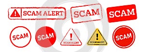 text scam red stamp label sticker sign for warning careful beware fraud crime risk
