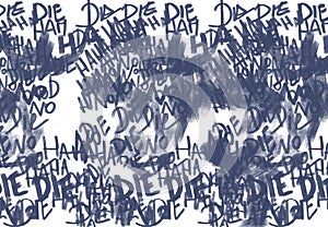 text scrawl with psychedelic and scary sentences, laughter and grunge text, black and white