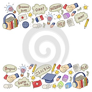 Vector pattern for language class, online courses. English, arabic, italian, japanese, spanish, chinese, german. photo
