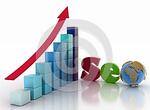 text 'SEO', with globe instead of letter o on a background a diagram