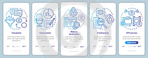 Text services blue onboarding mobile app page screen vector template. Translation, proofreading. Walkthrough website