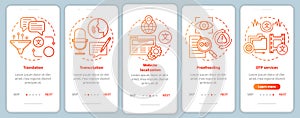 Text services red onboarding mobile app page screen vector template. Translation, proofreading. Walkthrough website