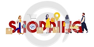 text shopping commerce market purchase goods boy with girl customer buy grocery shopping cart and cardboard