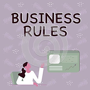 Text showing inspiration Business Rules. Word for a specific directive that constrains or defines a business Line