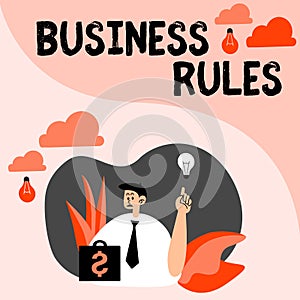 Text showing inspiration Business Rules. Word Written on a specific directive that constrains or defines a business Man