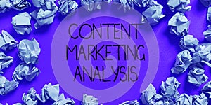Text showing inspiration Content Marketing Analysis. Word for involves the creation and sharing of online material