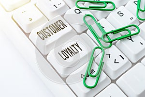 Text showing inspiration Customer Loyalty. Word for customers are devoted to a company s is products or services photo