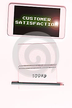 Text showing inspiration Customer Satisfaction. Business approach Exceed Consumer Expectation Satisfied over services
