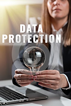 Text showing inspiration Data Protection. Business concept safeguarding information away from a possible data breach