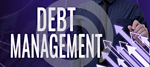 Text showing inspiration Debt ManagementThe formal agreement between a debtor and a creditor. Business concept The