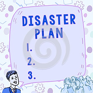 Text showing inspiration Disaster Plan. Business overview Respond to Emergency Preparedness Survival and First Aid Kit