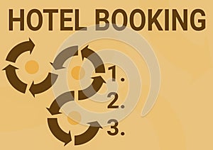 Hand writing sign Hotel Booking. Business idea Online Reservations Presidential Suite De Luxe Hospitality Arrow sign photo