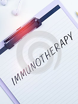Text showing inspiration Immunotherapy. Business approach treatment or prevention of disease that involves enhancement