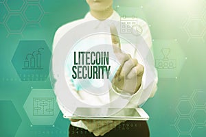 Text showing inspiration Litecoin Security. Business concept peertopeer cryptocurrency and opensource software Lady In