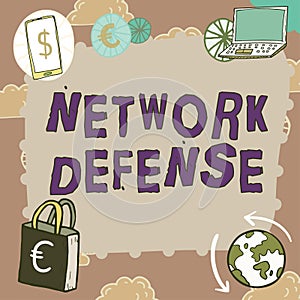 Text showing inspiration Network Defense. Word for easures to protect and defend information from disruption