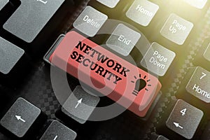 Text showing inspiration Network Security. Word for practice of securing a computer web from intruders Typing Product