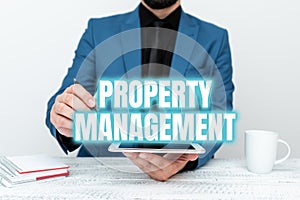 Text showing inspiration Property Management. Business idea Overseeing of Real Estate Preserved value of Facility