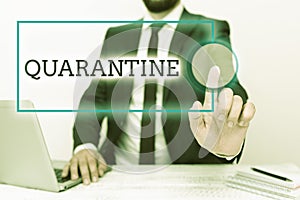 Text showing inspiration Quarantine. Concept meaning restraint upon the activities of person or the transport of goods photo