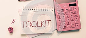 Text showing inspiration Toolkit. Business showcase set of tools kept in a bag or box and used for a particular purpose