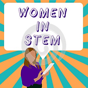 Text showing inspiration Women In Stem. Business approach Science Technology Engineering Mathematics Scientist Research