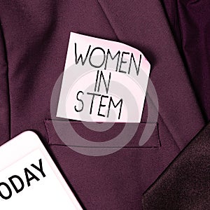 Text showing inspiration Women In Stem. Business approach Science Technology Engineering Mathematics Scientist Research