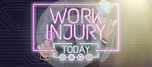 Text showing inspiration Work Injury. Word Written on an accident occurred as a result of labor resulting to an damage photo