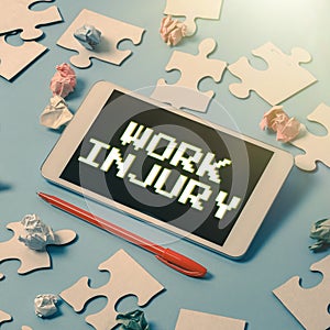 Text showing inspiration Work Injury. Word Written on an accident occurred as a result of labor resulting to an damage photo