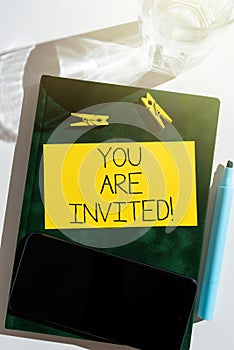 Text showing inspiration You Are Invited. Conceptual photo Receiving and invitation for an event Join us to celebrate