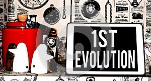 Text sign showing 1St Evolution. Conceptual photo Change in the genetic features of biological populations Classic penguin ceramic