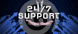 Text sign showing 24 7 Support. Word Written on Giving assistance to service whole day and night No downtime Businessman