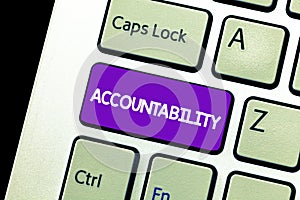 Text sign showing Accountability. Conceptual photo State of being responsible Answerable for something