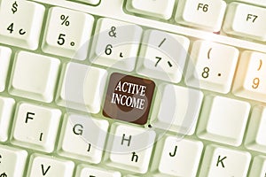 Text sign showing Active Income. Conceptual photo Royalties Salaries Pensions Financial Investments Tips White pc