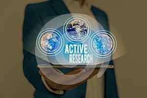 Text sign showing Active Research. Conceptual photo Simultaneous process of taking action and doing research Elements of this