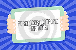 Text sign showing Adrenocorticotropic Hormone. Conceptual photo hormone secreted by pituitary gland cortex Color Tablet photo