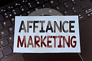 Text sign showing Affiance Marketing. Conceptual photo joining two or more companies in same field mutual goal written on Sticky N