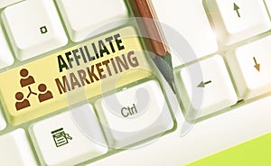 Text sign showing Affiliate Marketing. Conceptual photo compensation to thirdparty publishers to generate leads.