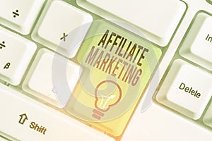 Text sign showing Affiliate Marketing. Conceptual photo compensation to thirdparty publishers to generate leads.