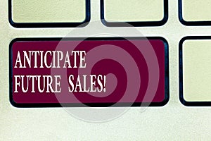 Text sign showing Anticipate Future Sales. Conceptual photo Valuing an investment for profitability and risk Keyboard