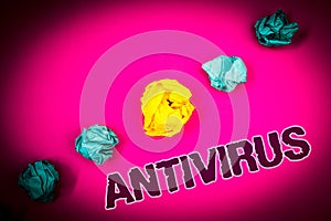 Text sign showing Antivirus. Conceptual photo Safekeeping Barrier Firewall Security Defense Protection Surety Ideas concept pink b