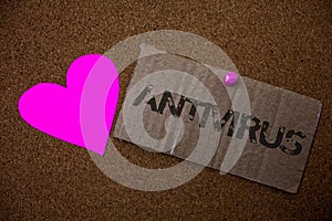 Text sign showing Antivirus. Conceptual photo Safekeeping Barrier Firewall Security Defense Protection Surety Old damaged paperboa